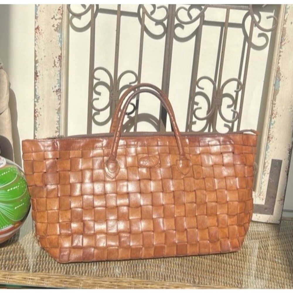 Ibiza Woven Leather 2 Handle Large Boston Bag Tote Cognac Resort Wear Yachting